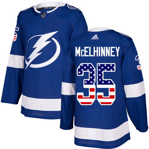 Adidas Tampa Bay Lightning Men 35 Curtis McElhinney Blue Home Authentic USA Flag Stitched NHL Jersey